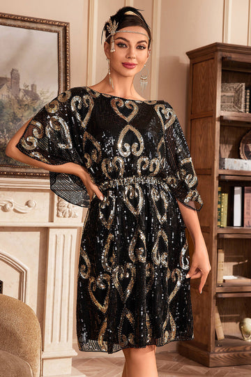Vestido negro de lentejuelas brillantes de la década de 1920 con mangas de murciélago